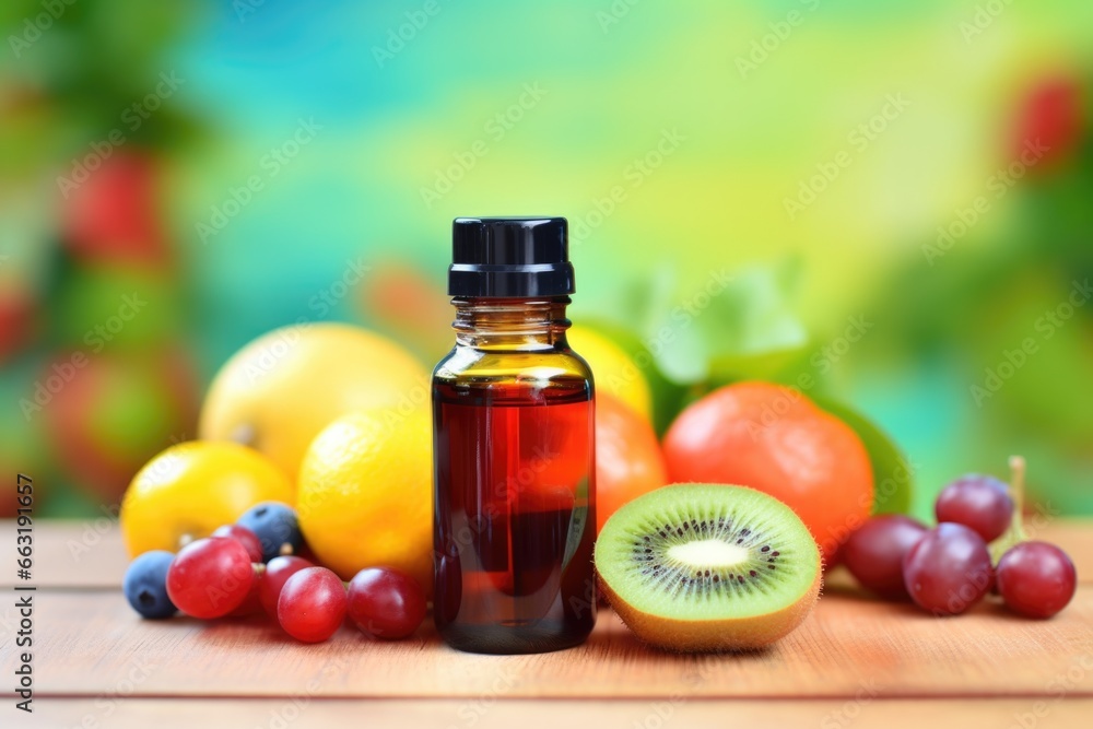 a bottle of multivitamins against a vibrant fruit background a bottle of multivitamins against a vibrant fruit background