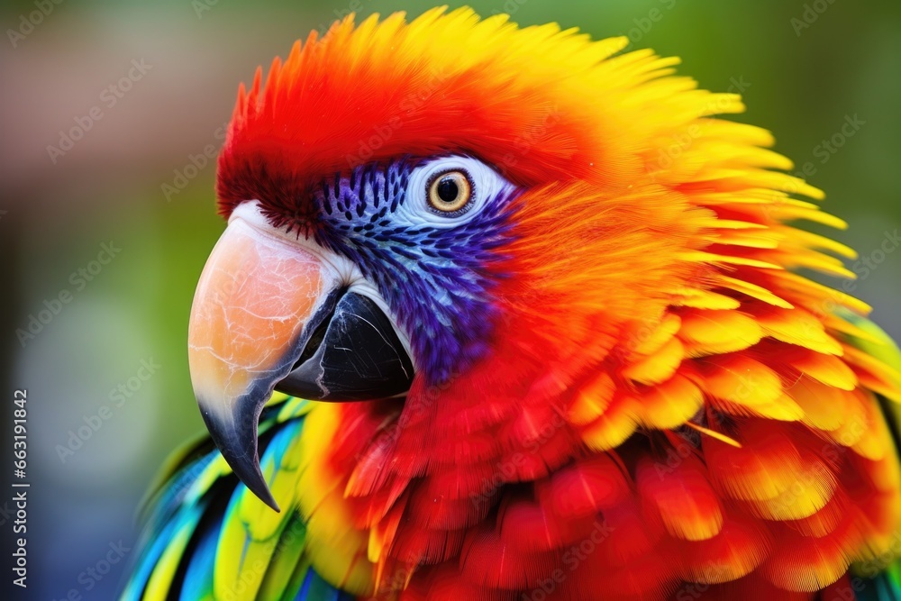 the colorful plumage of a tropical bird up close