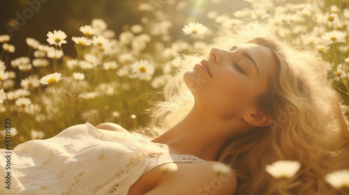 Beautiful young woman lying in a field of chamomile flowers. A serenity, peace, and bliss expression, connection with nature reflect gratitude and contentment and tranquility