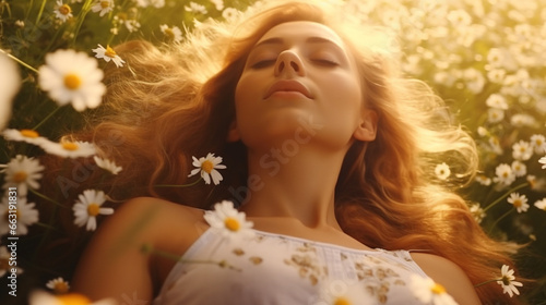 Beautiful young woman lying in a field of chamomile flowers. A serenity, peace, and bliss expression, connection with nature reflect gratitude and contentment and tranquility