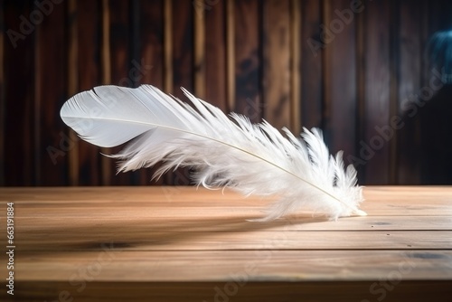 white feather softly landing on a wooden table