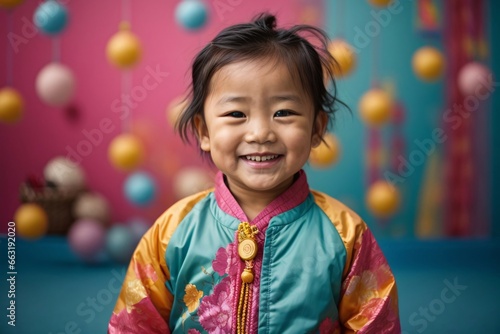 Portrait of happy asian baby in color clothing on color background. Generative Ai.