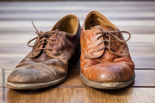close detailing of dull, worn-out shoes lying next to a new pair