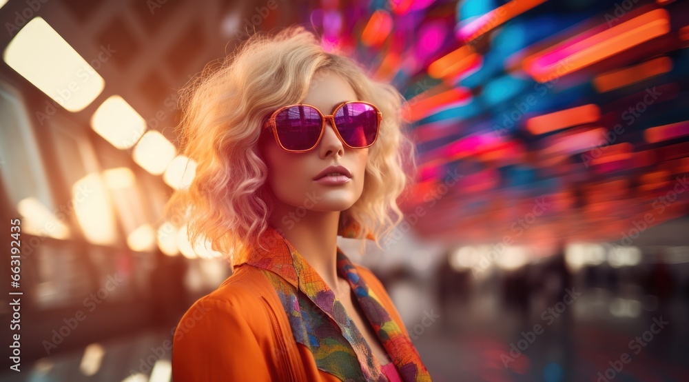 A stylish girl exudes confidence as she rocks her orange jacket and sunglasses, adding a touch of cool to the bustling street scene with her fashion-forward eyewear