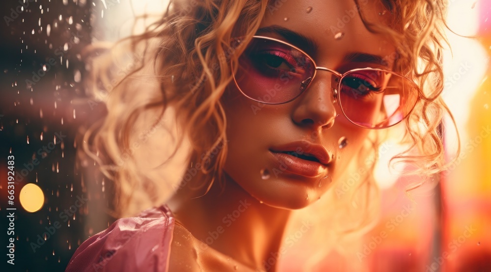 A bold and vibrant woman, with pink goggles perched on her wet hair, gazes confidently through her fashionable spectacles, her portrait radiating with the warm light of the sun A bold and vibrant woman, with pink goggles perched on her wet hair, gazes confidently through her fashionable spectacles, her portrait radiating with the warm light of the sun