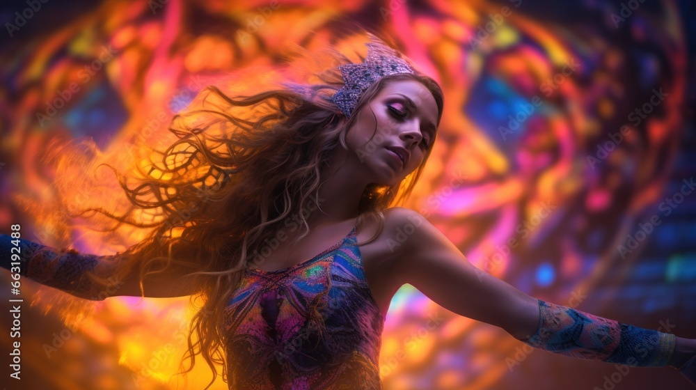 Naklejka premium A fierce showgirl dances with grace and passion, her crown shining against the vibrant backdrop, embodying the fluidity and strength of a woman in motion