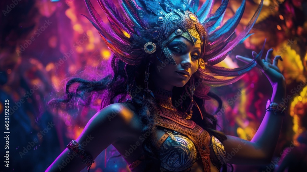 A vibrant woman, adorned in a kaleidoscope of colors, moves with untamed grace, enrapturing all who witness her dance