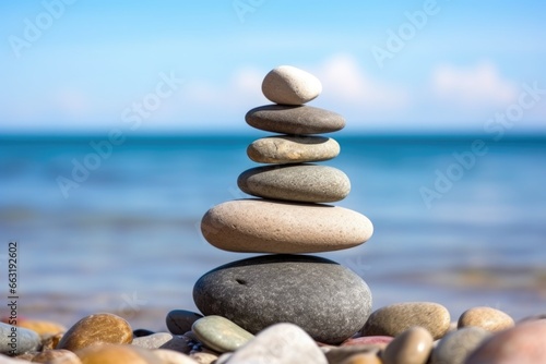 stacked stones in perfect balance on pebble beach