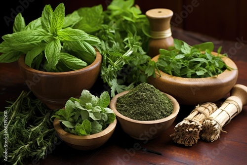 set of fresh herbs traditionally used for therapies