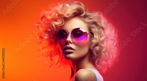 A fierce woman with curly locks dons stylish red sunglasses, her lips adorned with bold lipstick, adding an edge to her fashionable eyewear