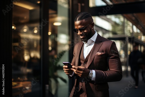 Happy smiling relaxed mid aged business man, mature professional businessman entrepreneur holding smartphone using mobile phone digital technology apps 