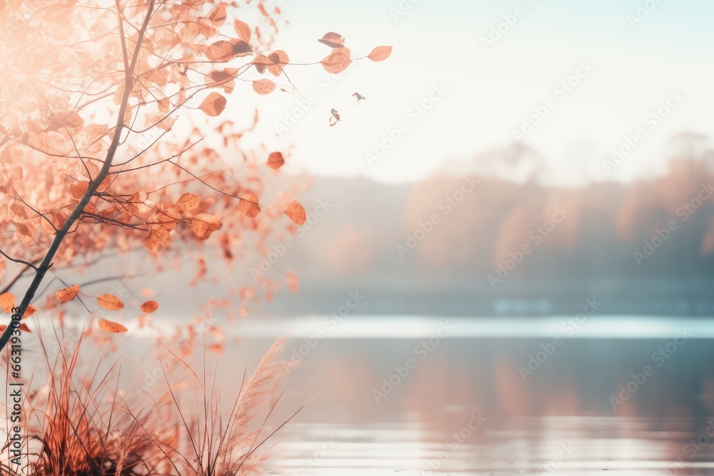 Tranquil November morning by a lakeside, with mist rising and trees draped in autumn colors - AI Generated