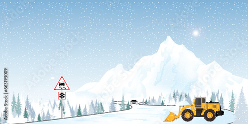 Snow plow truck cleaning snowy road.