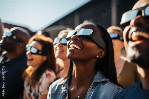 Group of people watching a solar eclipse with protective glasses - AI Generated