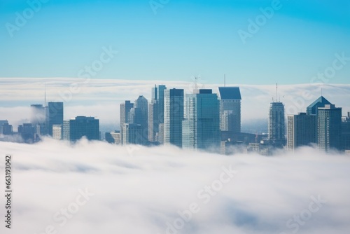 tall city buildings seen through fog