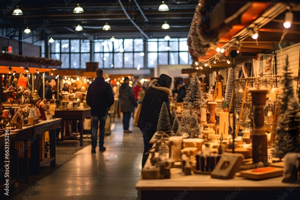 A holiday market with vendors selling ornaments, gifts, and warm beverages
