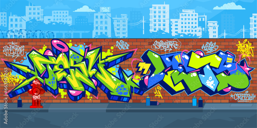 Trendy Colorful Outdoor Urban Streetart Graffiti Wall With Drawings Against The Background Of The Cityscape Vector Illustration