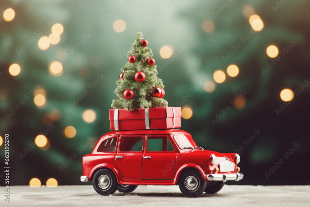 A red toy car with a Christmas tree on the roof stands on a table against a background of lights