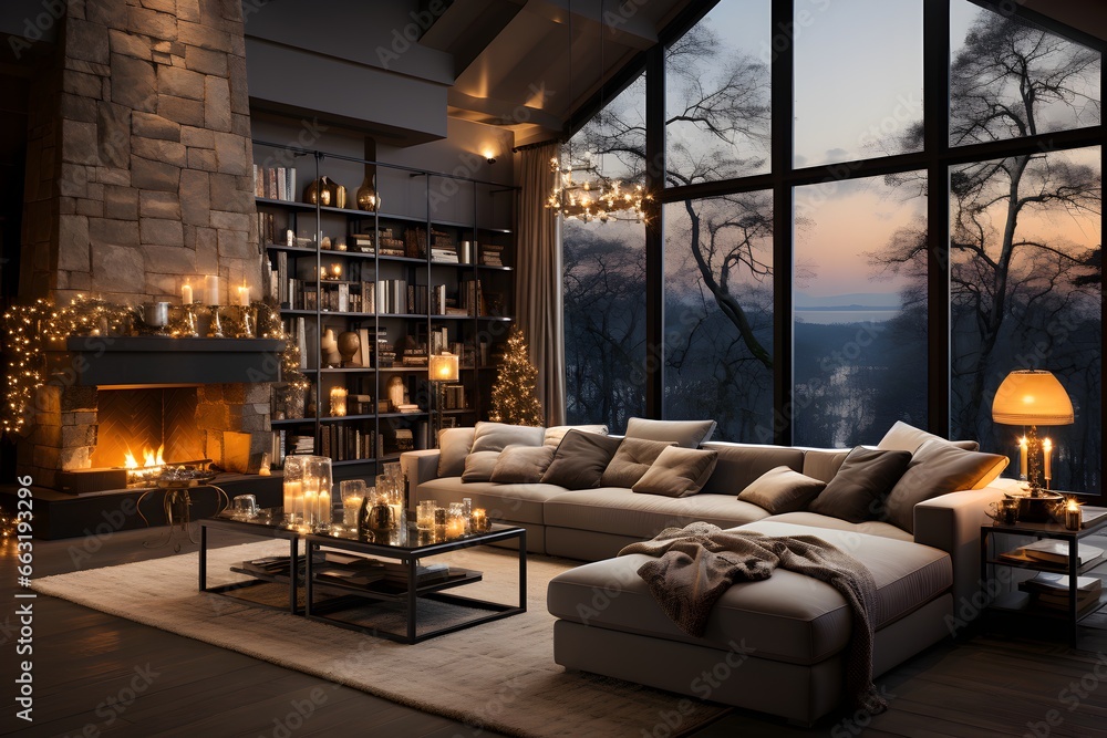 A contemporary living room with big window and stunning view, comfortable couch and a small Christmas tree by the fireplace A contemporary living room with big window and stunning view, comfortable couch and a small Christmas tree by the fireplace
