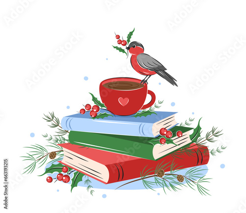 Books, cup coffee, bird with berries and decorations.  Vector illustration for a New Year and Christmas background