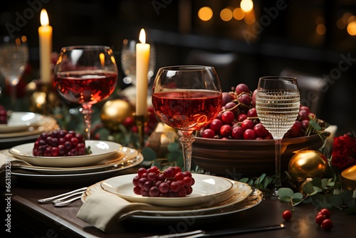 A festive holiday table set for a Christmas feast  with candles  festive tableware  and glasses with wine