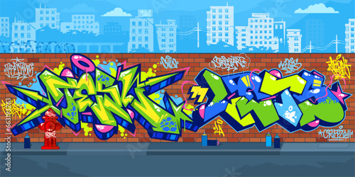 Trendy Colorful Outdoor Urban Streetart Graffiti Wall With Drawings Against The Background Of The Cityscape Vector Illustration