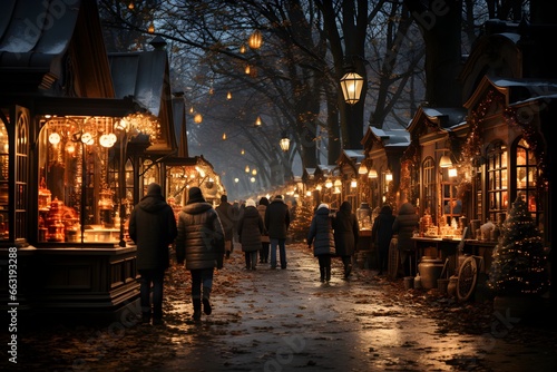 People walking in a Christmas holiday market with vendors selling ornaments, gifts and warm beverages