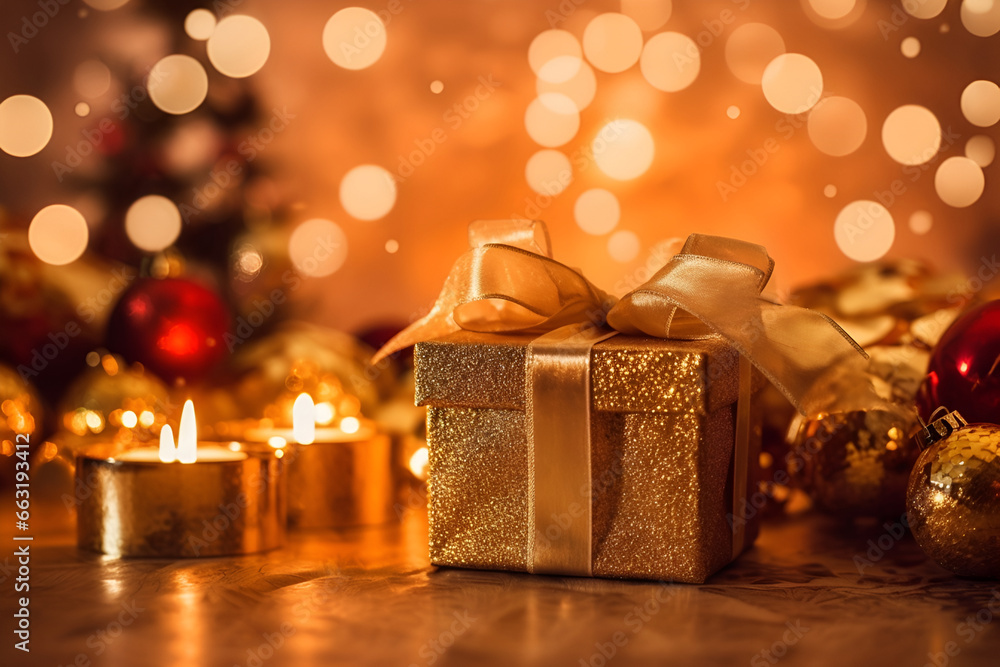 Beautiful small golden gift box with a golden ribbon on a radiant light gold background with bokeh Beautiful small golden gift box with a golden ribbon on a radiant light gold background with bokeh