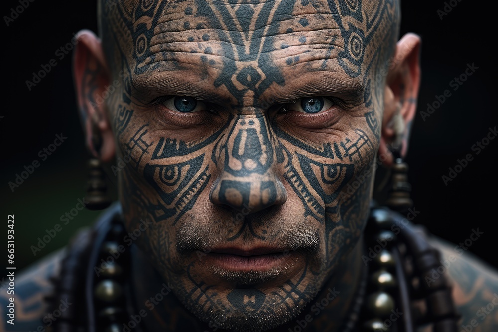 Man with intricate facial tattoos, portraying masculinity's varied and deep-seated roots - AI Generated