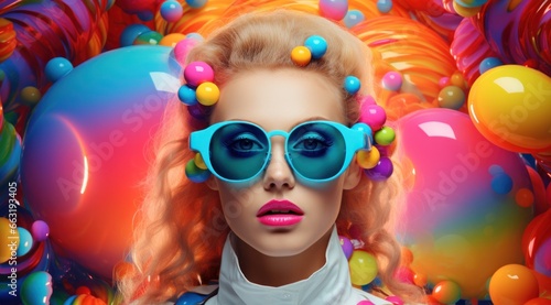 A vivacious woman adorned with blue sunglasses and vibrant balls entwined in her hair exudes a free-spirited and eccentric energy