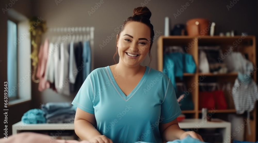 plump girl model plus size. Woman in the laundry room. cleaning woman. mom is on maternity leave - obrazy, fototapety, plakaty 