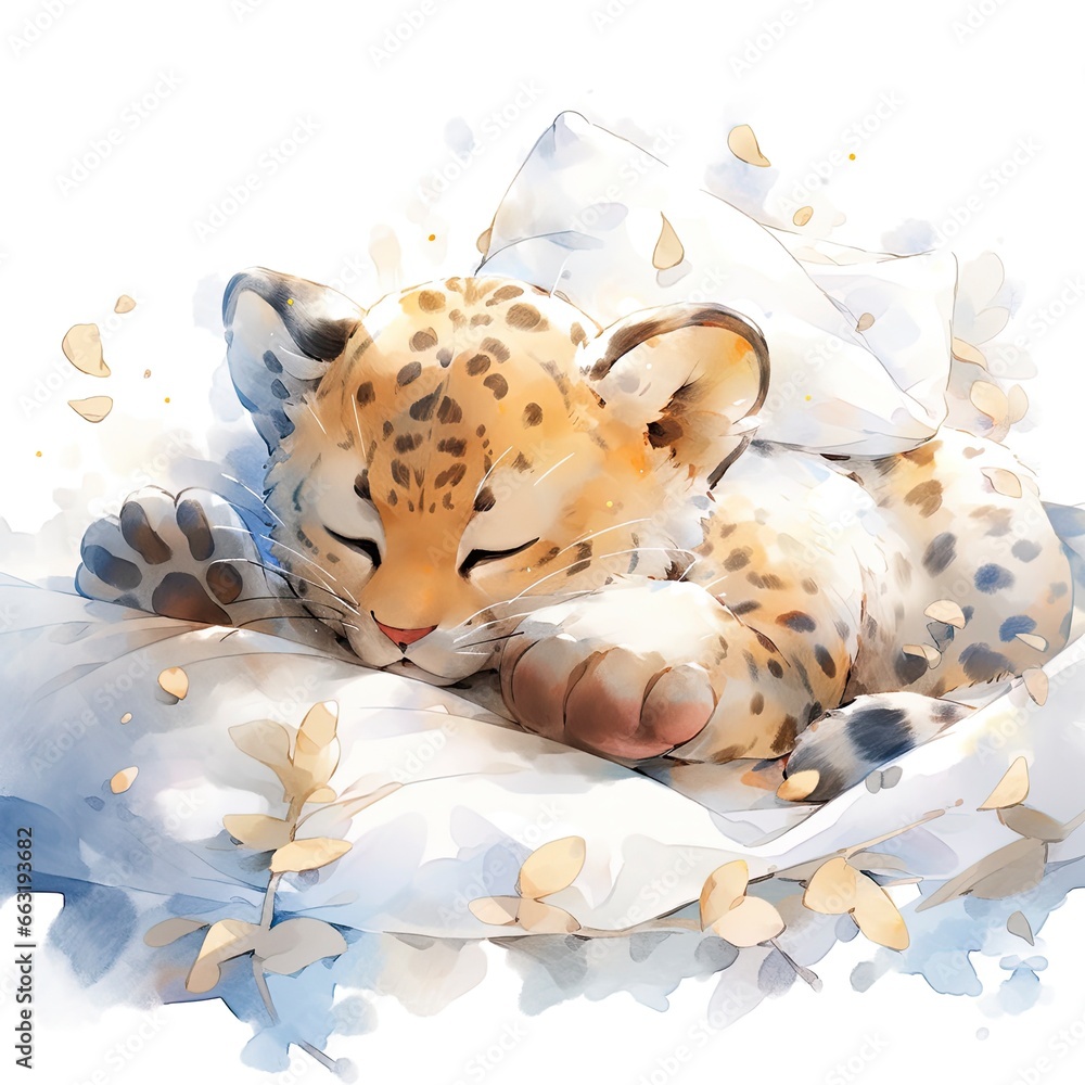 Fototapeta premium A sleepy baby leopard in a bedding, watercolor illustration.
