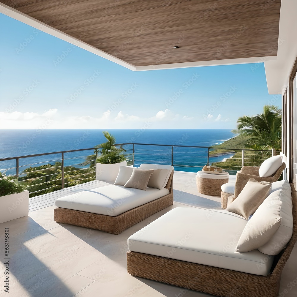 A resort with a blue sky and a beautiful sea. A cot, a pool and a terrace. Generative AI