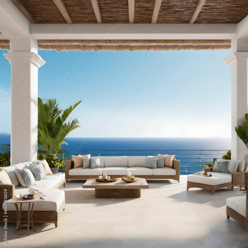 A resort with a blue sky and a beautiful sea. A cot, a pool and a terrace. Generative AI