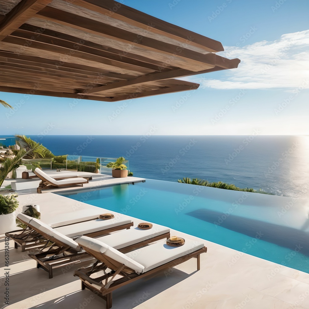 A resort with a blue sky and a beautiful sea. A cot, a pool and a terrace. Generative AI A resort with a blue sky and a beautiful sea. A cot, a pool and a terrace. Generative AI