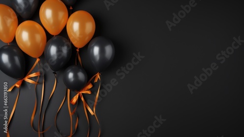 Halloween balloons with orange ribbons on black background.