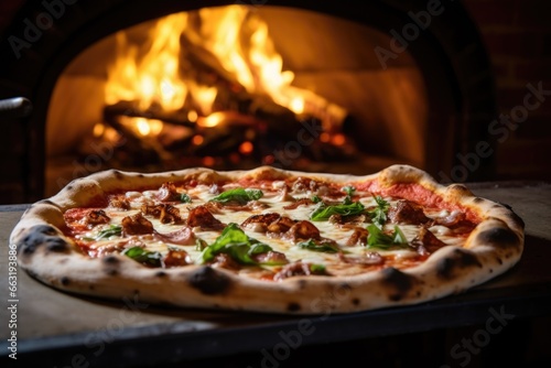 large pizza in a wood-fired oven