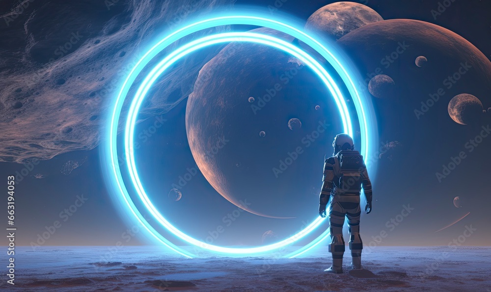 Astronaut in front of dimensional portal. Astronaut in front of dimensional portal.