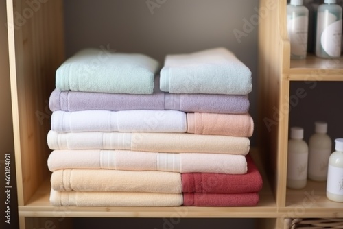 rolled towels arranged on a shelf