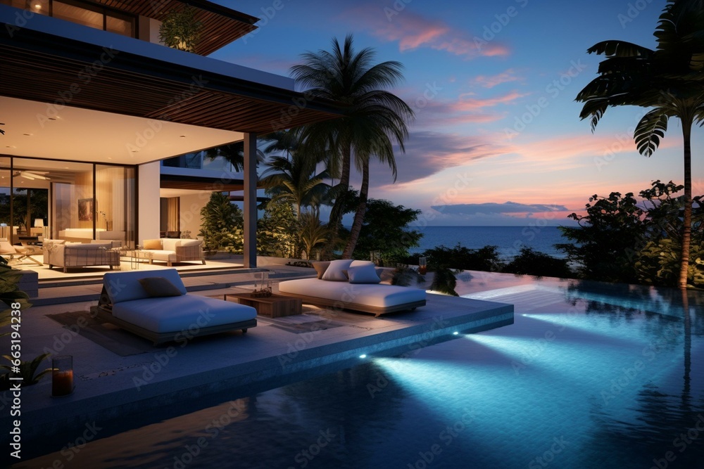 Aesthetic home. Contemporary design with pool and ocean view. Generative AI