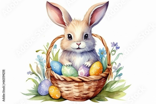 Adorable watercolor bunny with eggs in a basket. Easter-themed  isolated. Generative AI