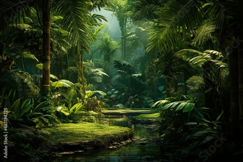 Tropical jungle with lush green palm trees and plants in a summer scene. Generative AI