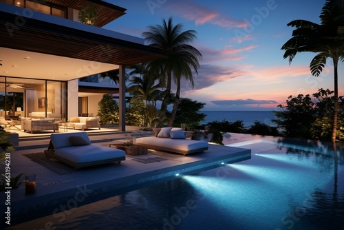 Aesthetic home. Contemporary design with pool and ocean view. Generative AI © Isadora