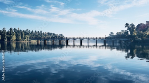 A serene bridge stretches across calm waters  creating a perfect mirrored reflection below