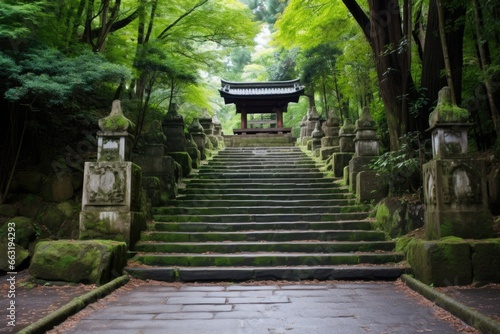long stone steps leading up to a shinto shrine