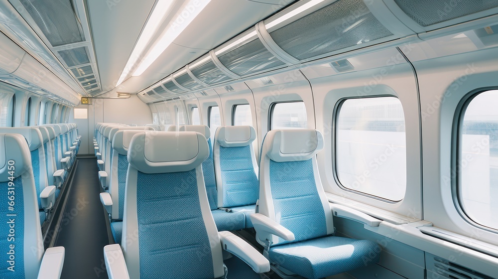 Inside a high-speed train, sleek and modern interiors provide comfort and efficiency for travelers Inside a high-speed train, sleek and modern interiors provide comfort and efficiency for travelers