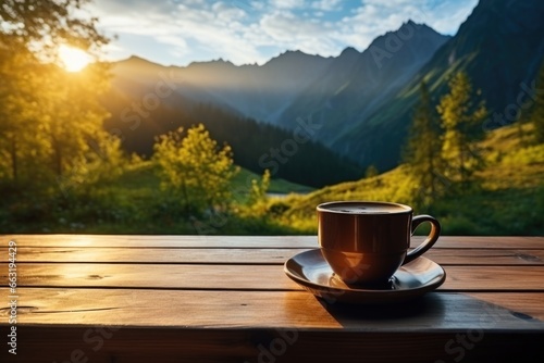 Dark mug of hot coffee or tea on wooden table in the morning with mountain and green nature blur background