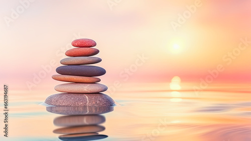 Harmony of nature, healing and mental health concept. Colorful stones on mirror-like surface of water on sunset background, symbolizing tranquility and unity with nature. Copy space