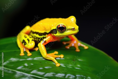 a bright frog sitting on a slick jungle leaf