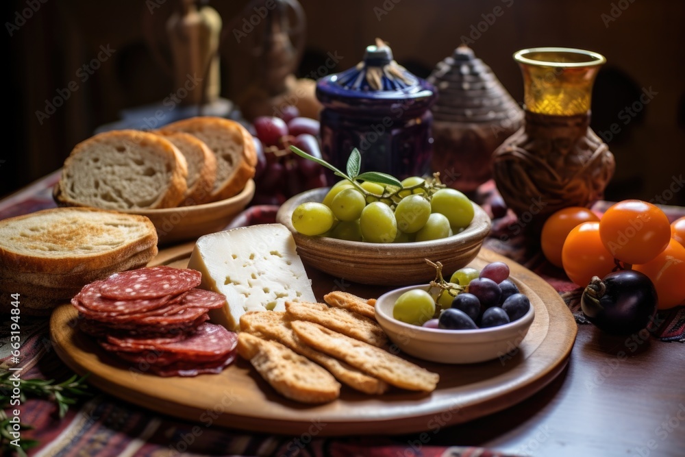 turkish breakfast with olives, cheese, and bread